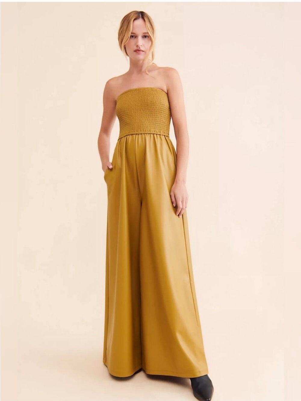 Pilcro Faux Leather Smocked Wide-Leg Jumpsuit Size XS Missing Straps